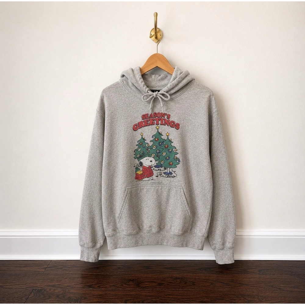 Peanuts Snoopy Seasons Greetings Christmas Hoodie Gray Large Holiday Sweatshirt